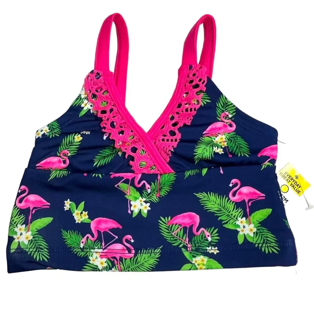 Lemon Kiss Navy Pink Flamingo Tropical Green Leaves Floral Bikini Girls‎ 12M